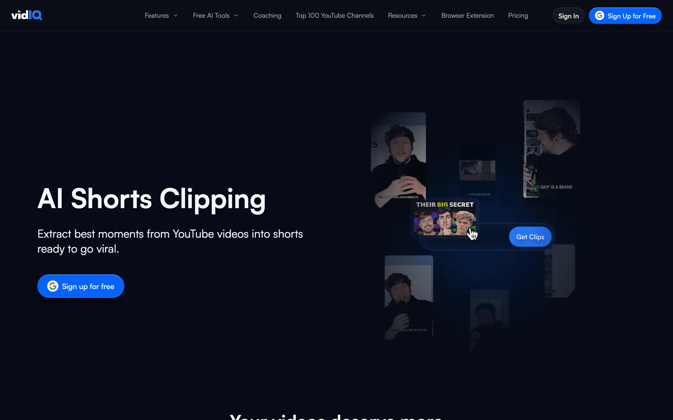 vidIQ AI Shorts Clipping feature page
