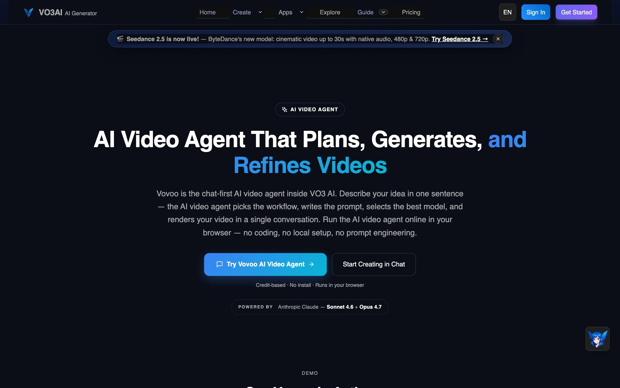VO3 AI Vovoo AI video agent landing page