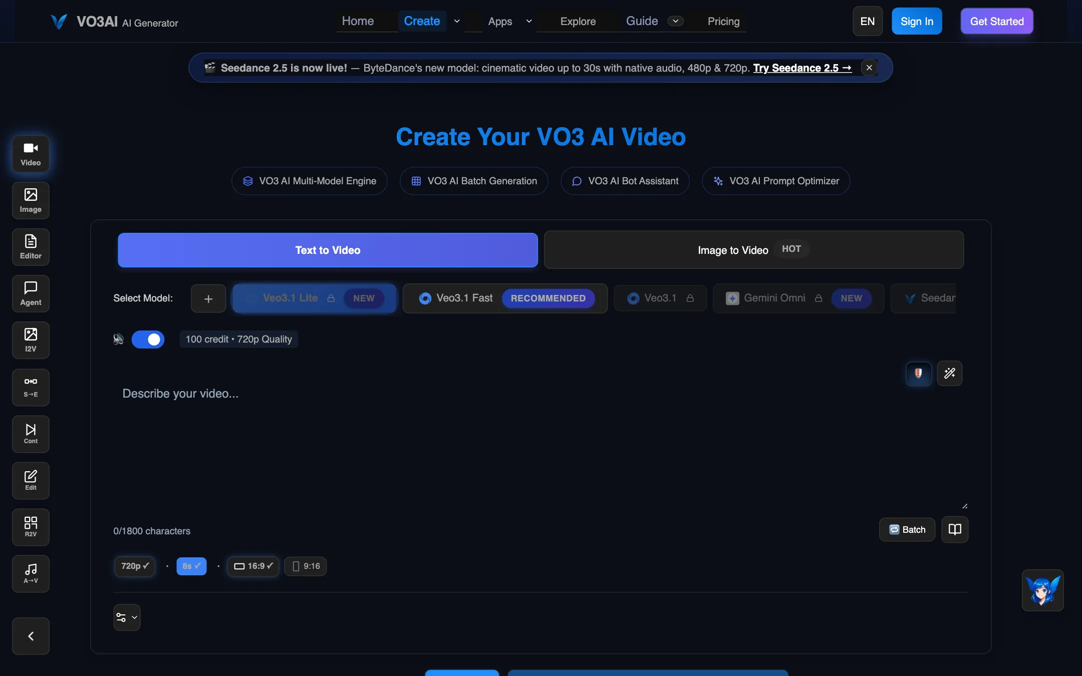VO3 AI create page with model picker showing Veo 3.1 Lite, Veo 3.1 Fast, Veo 3.1 and Gemini Omni
