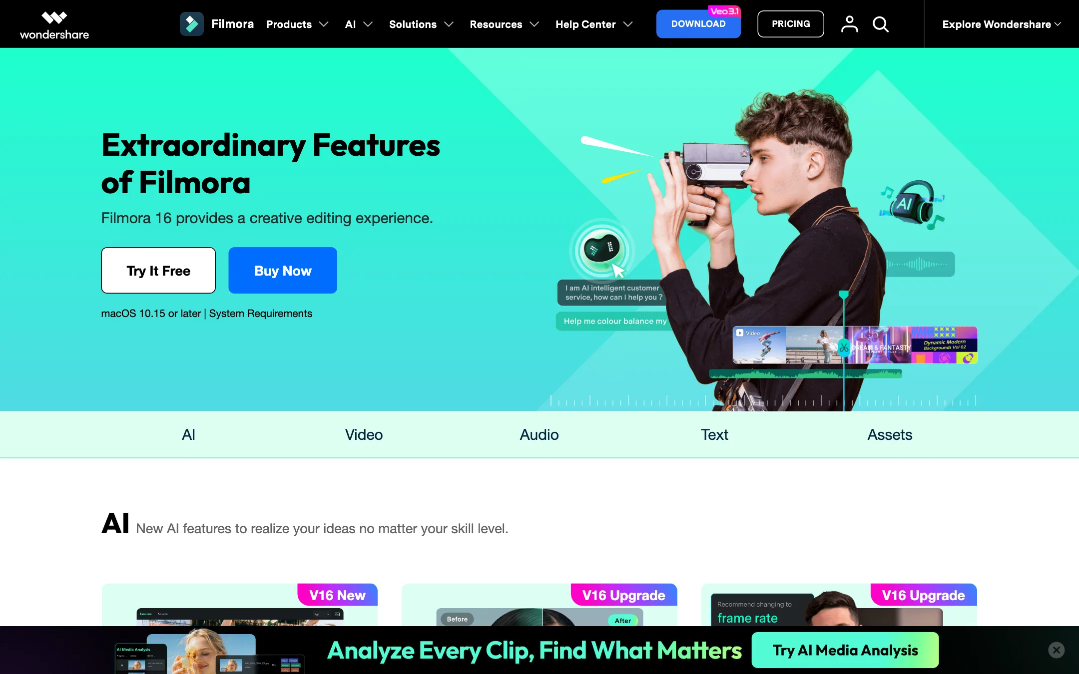 Filmora features page with AI, Video, Audio, Text and Assets tabs