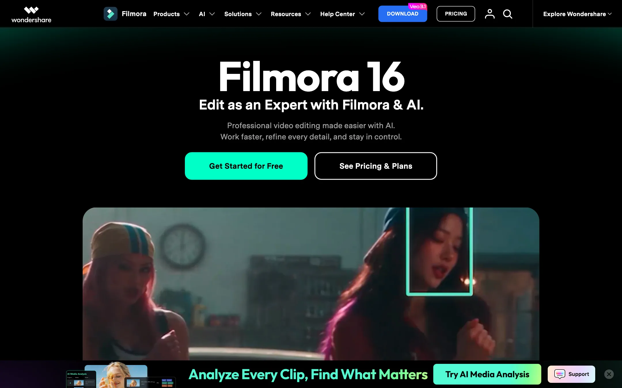 Filmora 16 homepage headline: Edit as an Expert with Filmora and AI