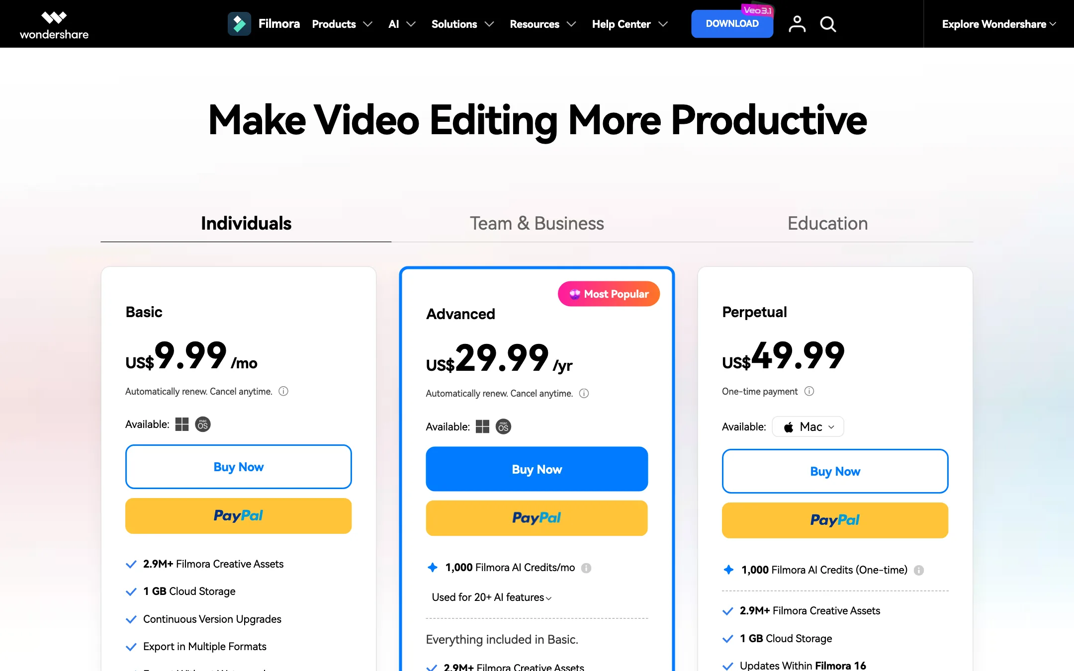 Filmora Mac pricing page showing Basic, Advanced and Perpetual plans
